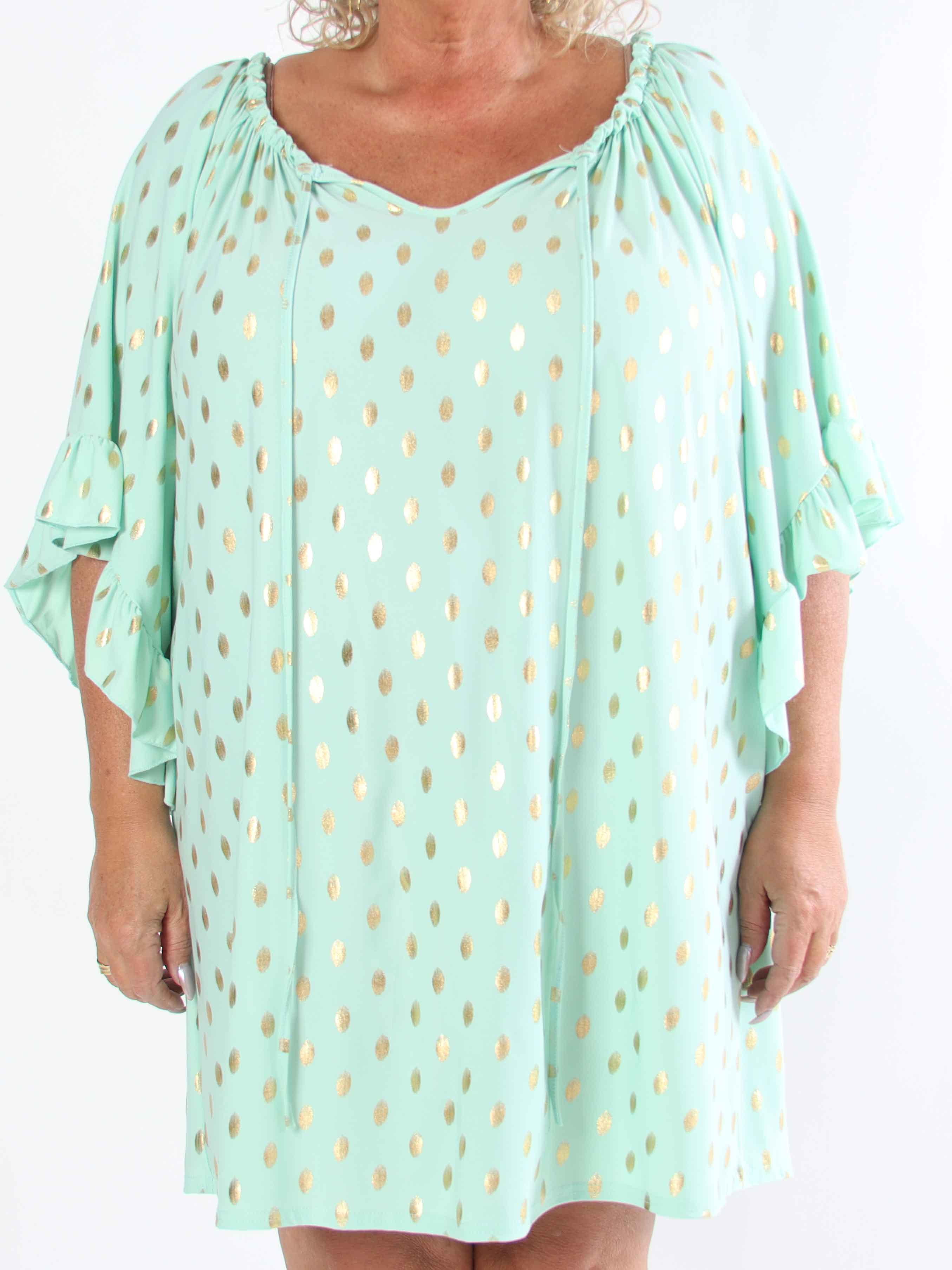 Yasma - Plus size tunikakjole med guld prikker og flæseærmer